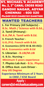 St. Michael’s Academy, Chennai, Wanted Teachers | FacultyPlus