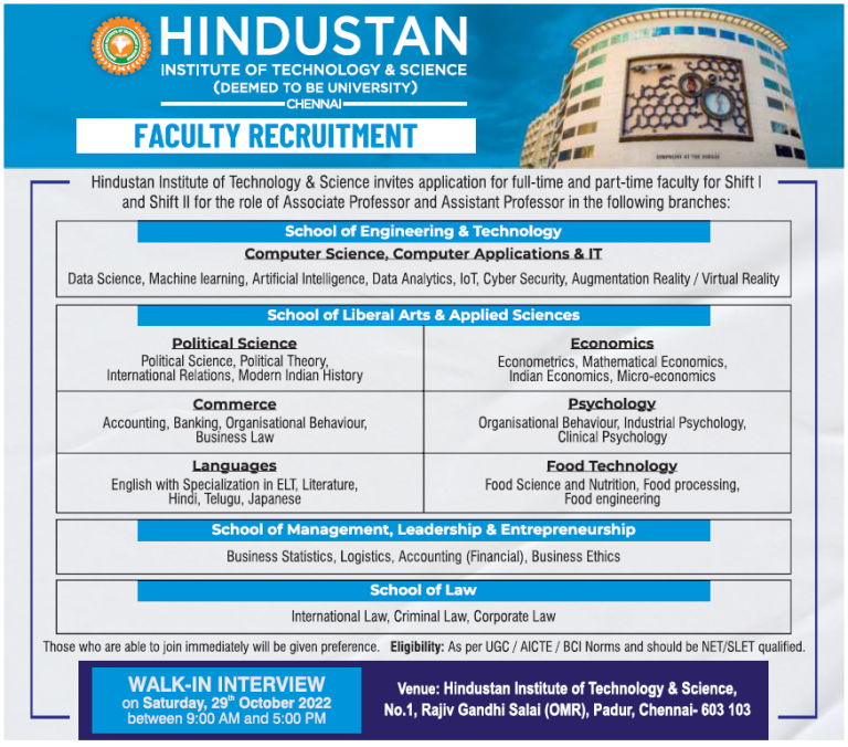 Faculty Recruitment at Hindustan Institute of Technology and Science ...