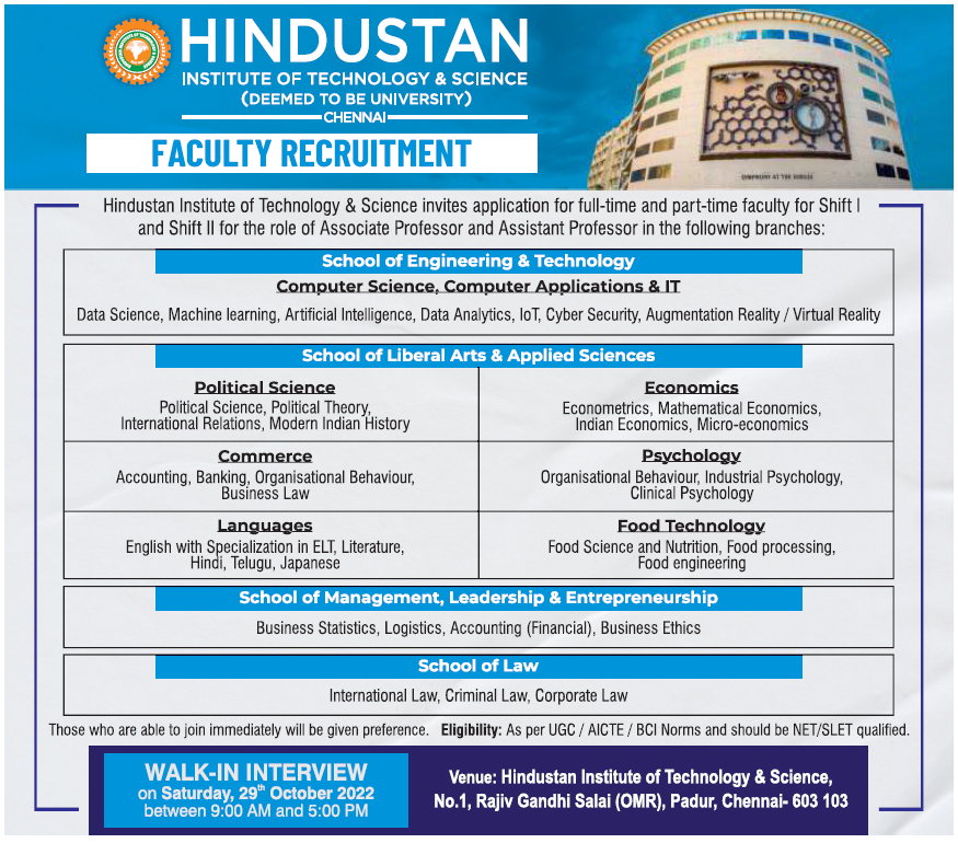 Faculty Recruitment At Hindustan Institute Of Technology And Science Chennai Facultyplus