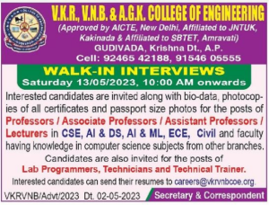 Faculty Jobs Openings- VKR, VNB & AGK College of Engineering, Gudivada ...