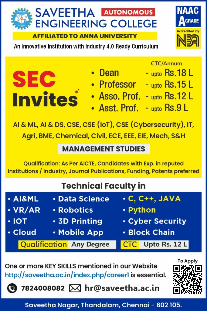 Saveetha Engineering College, Chennai Wanted Dean/Professor/Associate ...