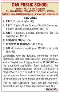 DAV Public School, Gurugram Wanted PGT/TGT/PRT/Nursery Teachers, LDC ...