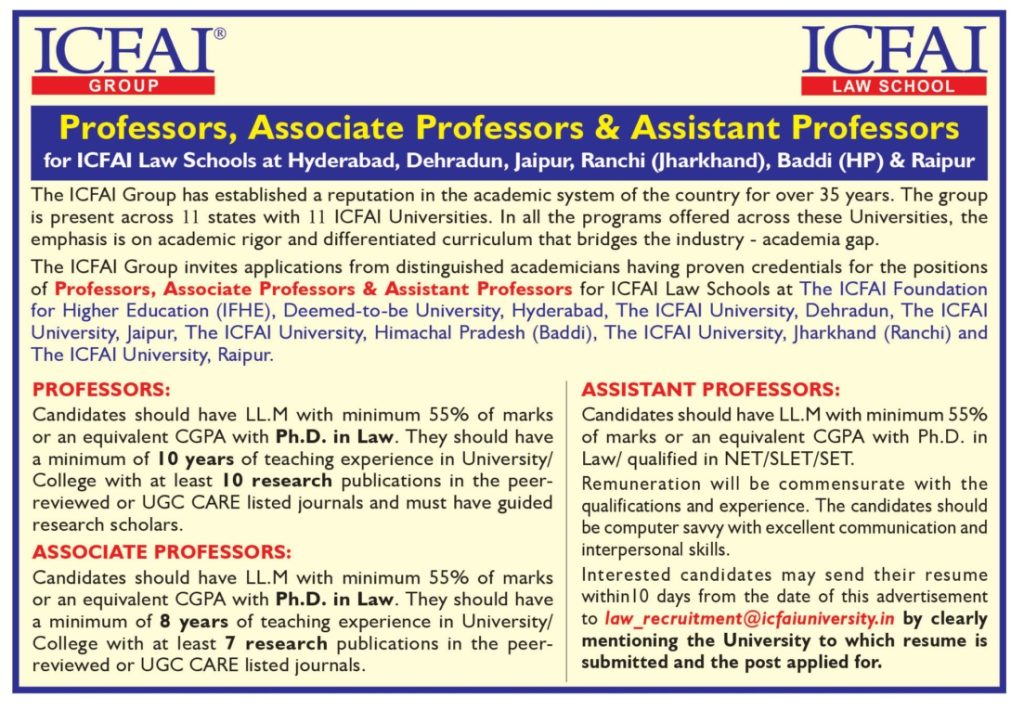 Faculty Recruitment 2022 at ICFAI Law School, Hyderabad, Dehradun ...