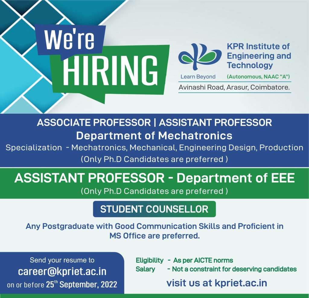 KPR Institute of Engineering and Technology, Coimbatore wanted Faculty ...