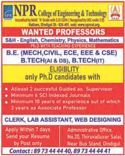 NPR College of Engineering and Technology, Dindigul Wanted Teaching and ...