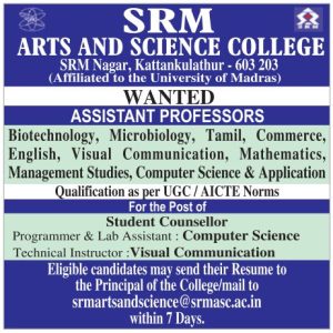 Srm Arts And Science College, Kattankulathur Wanted Assistant 