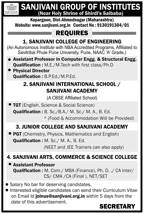 Sanjivani Group of Institutes, Ahmednagar Wanted Assistant Professor ...