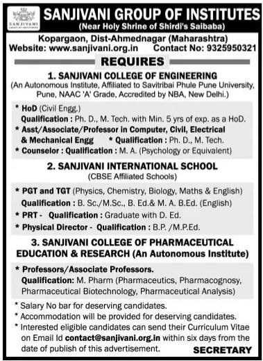 Sanjivani Group of Institutes, Ahmednagar Wanted HOD/Assistant ...