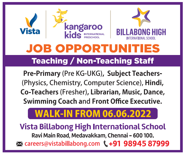 Vista Billabong High International School Chennai Wanted Teaching Non 