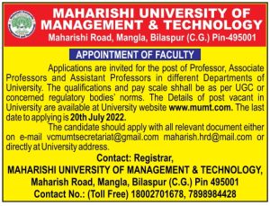 Maharishi University of Management & Technology, Bilaspur, Wanted ...