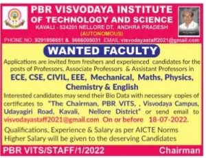 PBR Visvodaya Institute of Technology and Science, Nellore Wanted ...