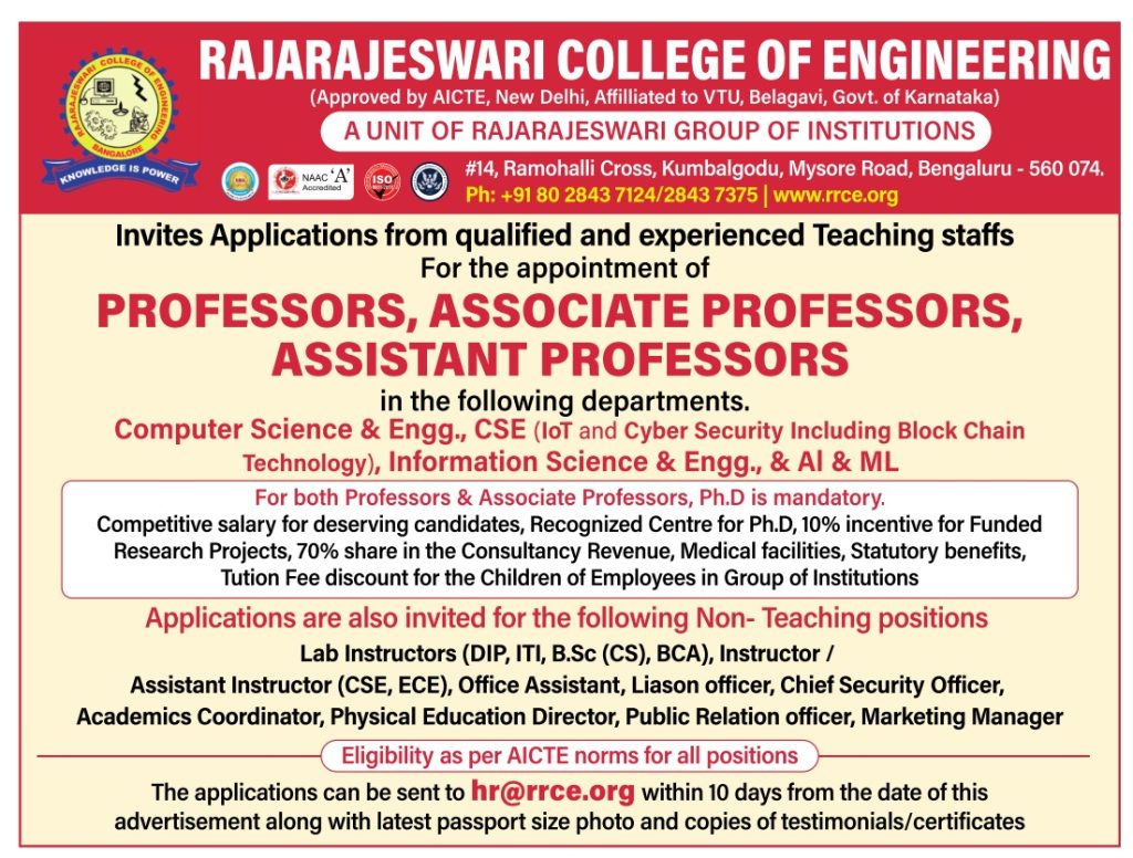 Rajarajeswari College of Engineering, Bengaluru Wanted Teaching and Non ...