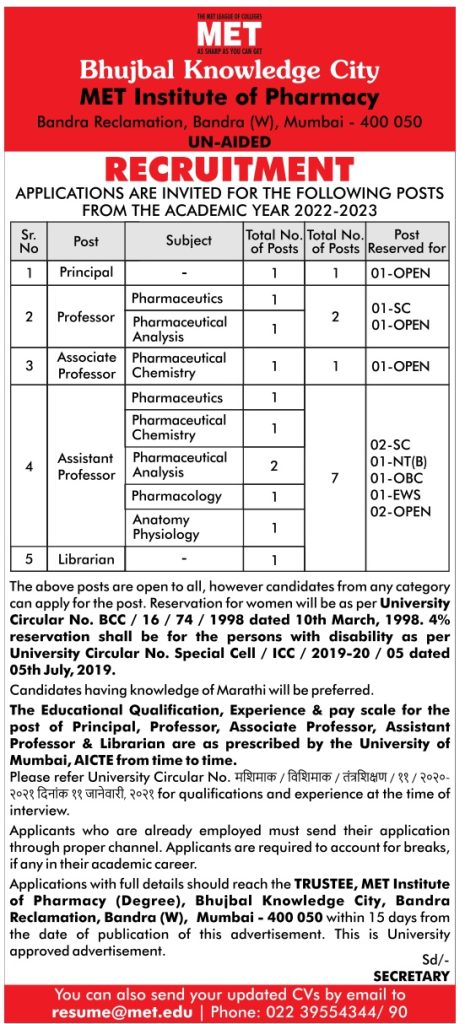 MET Institute of Pharmacy, Mumbai Wanted Principal/Professor/Associate ...