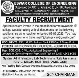 Eswar College of Engineering, Narasaraopet Wanted Professor/Associate ...