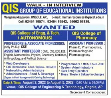 QIS Group of Educational Institutions, Ongole Wanted Professor ...