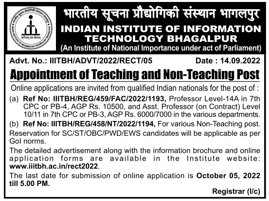 Indian Institute Of Information Technology Bhagalpur, Bhagalpur Wanted ...