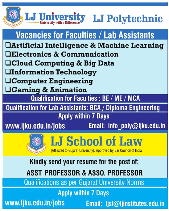 Faculty Recruitment 2022 at LJ University, Ahmedabad | FacultyPlus