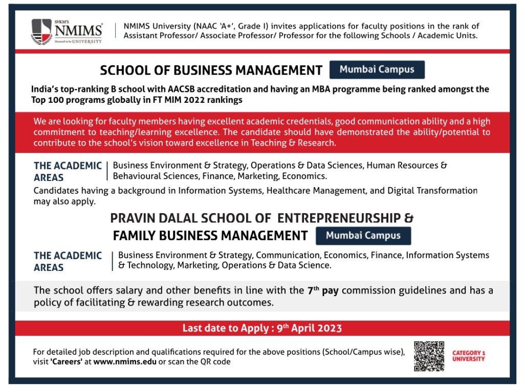 SVKM’s NMIMS Deemed To Be University, Mumbai Wanted Teaching Faculty ...