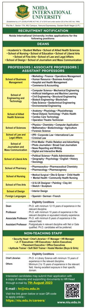 Noida International University, Uttar Pradesh Wanted Teaching and Non ...