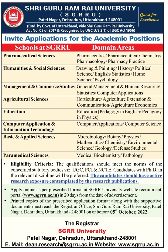 Faculty Recruitment 2022 at Shri Guru Ram Rai University, Dehradun ...