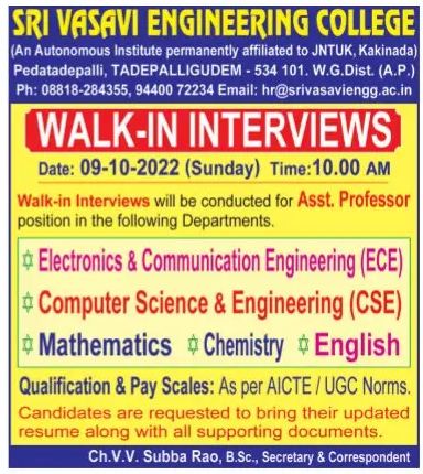 Sri Vasavi Engineering College, Tadepalligudem Wanted Assistant ...