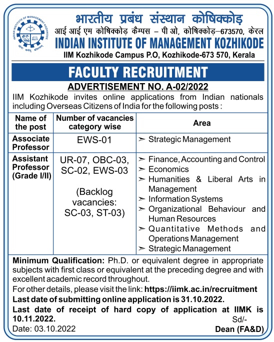 Indian Institute of Management Kozhikode, Kerala Wanted Associate and ...