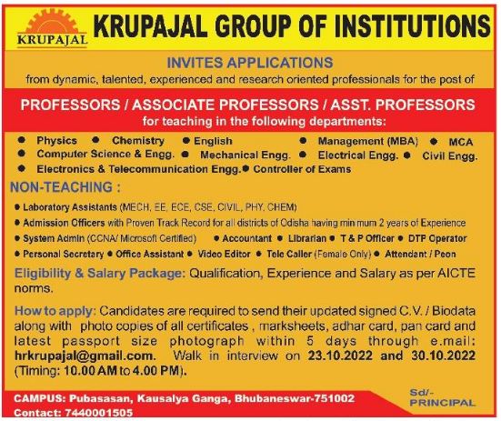 Krupajal Group of Institutions, Bhubaneswar Wanted Teaching and Non ...