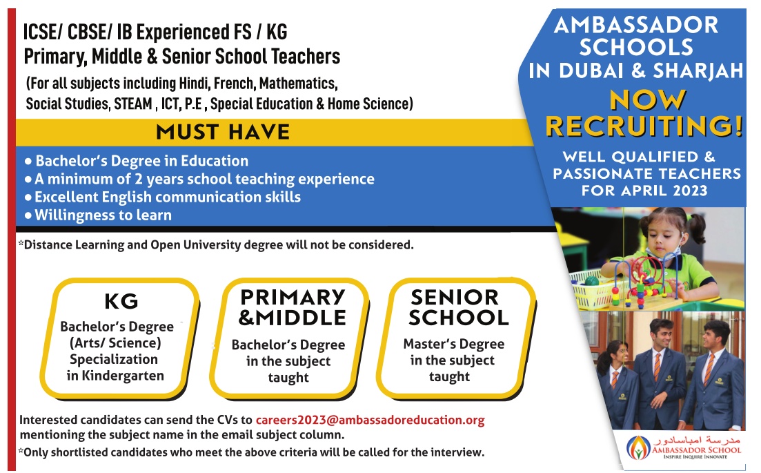 Ambassador Schools Dubai Sharjah Wanted Teachers FacultyPlus