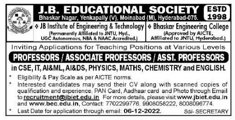 J.B. Educational Society, Hyderabad Wanted Professors/ Associate ...