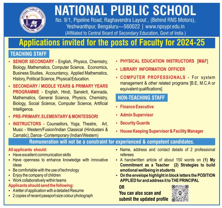 National Public School Yeshwanthpur, Bengaluru Wanted Teaching and Non ...