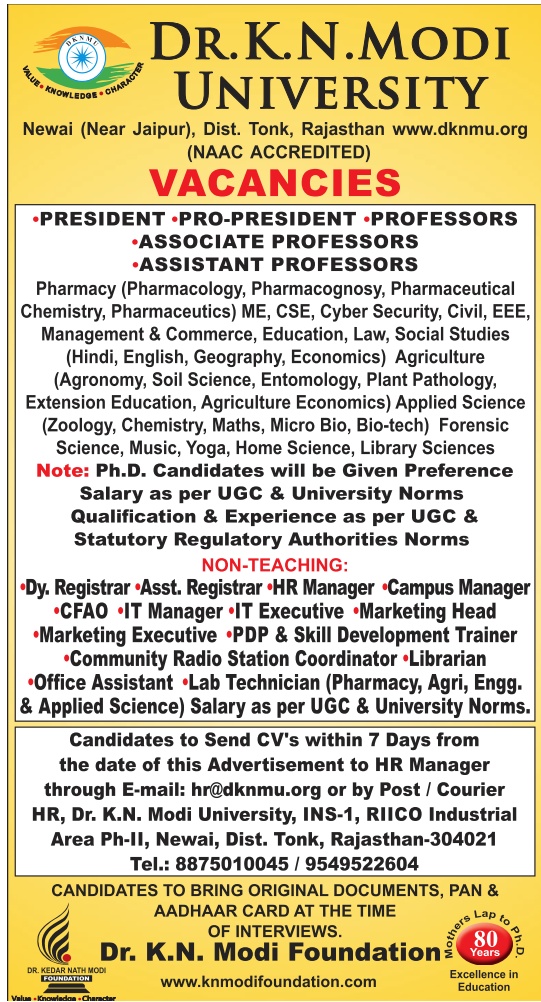 Teaching Jobs/Non-Teaching Jobs at Dr.K.N.Modi University, Tonk ...