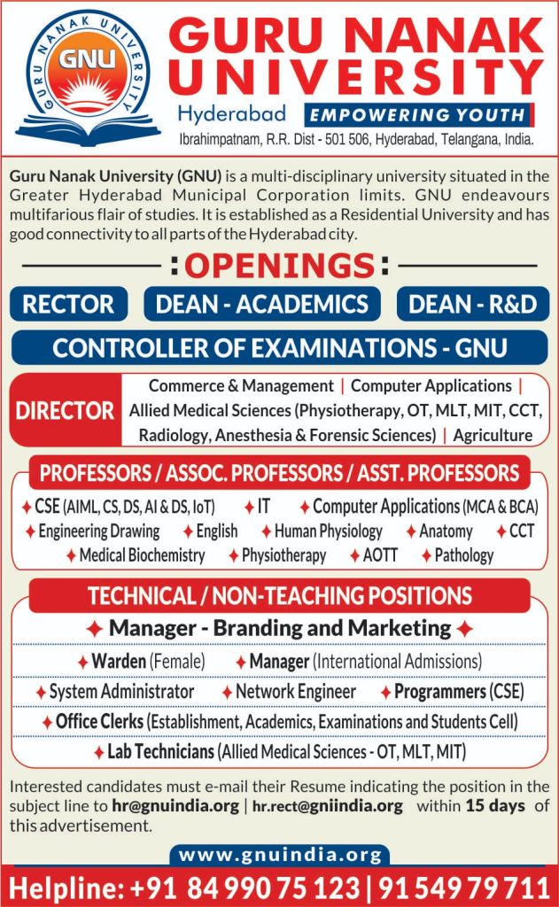 Teaching Jobs And Non-Teaching Jobs At Guru Nanak University, Hyderabad ...