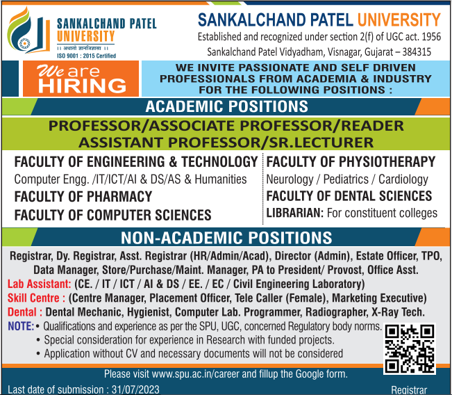 Academic and Non-Academic Positions at Sankalchand Patel University ...