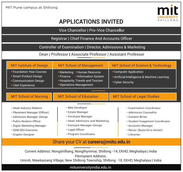 MIT University, Shillong wanted Professor/ Assistant Professor