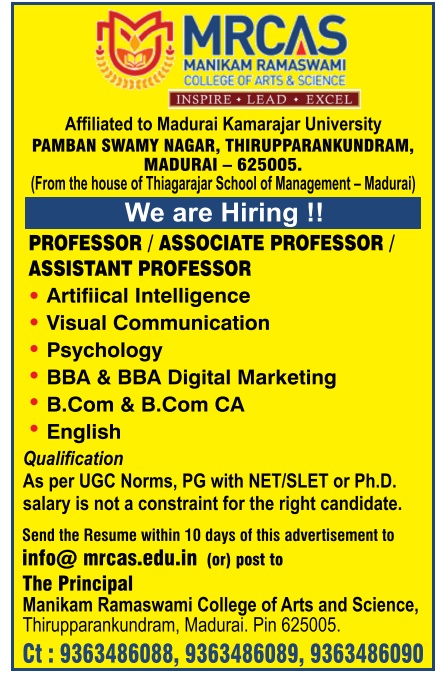 Manikam Ramaswami College Of Arts And Science, Madurai- Assistant ...