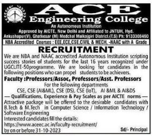 ACE Engineering College, Hyderabad Wanted Professor/Associate Professor ...