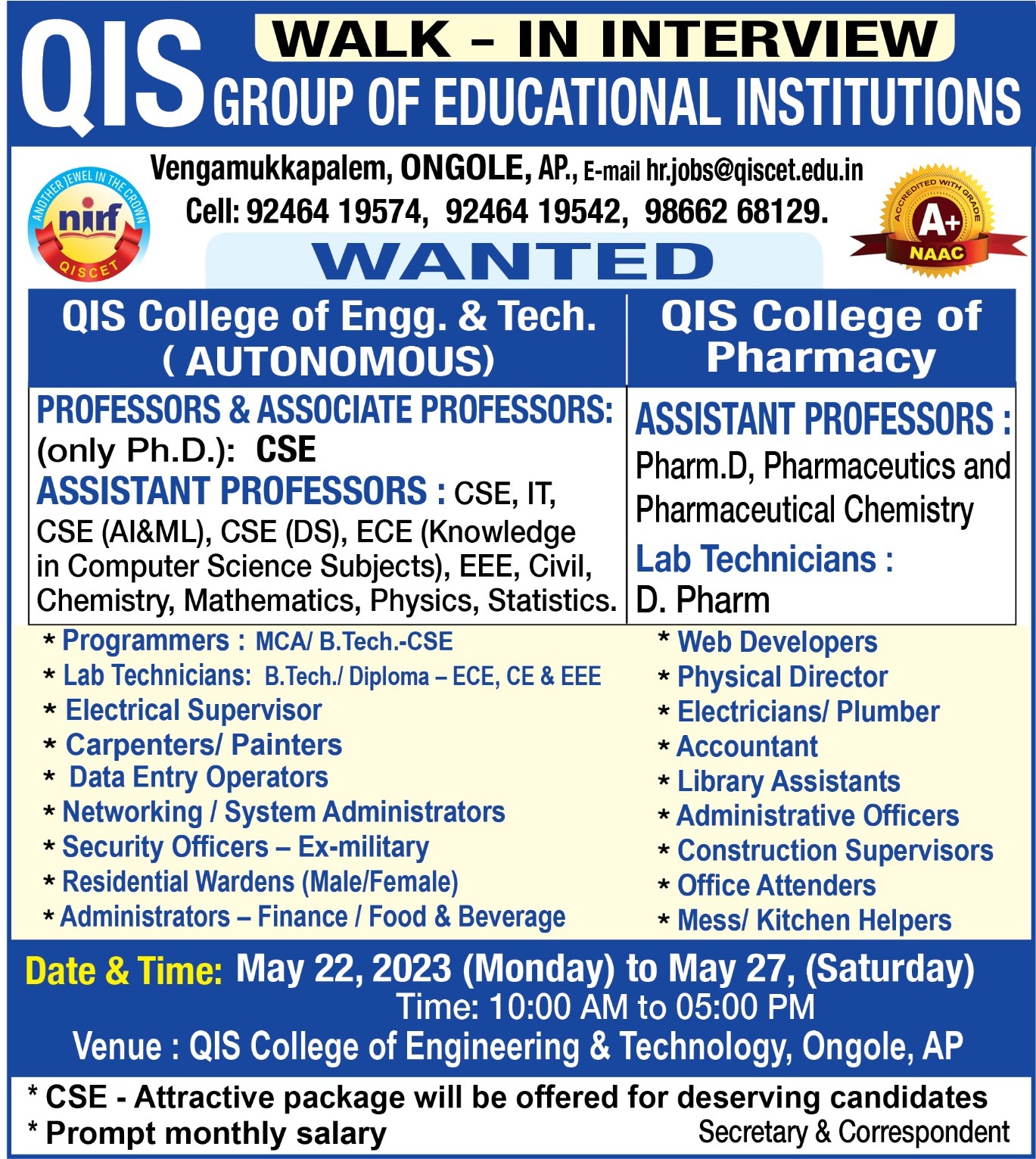 QIS Group of Educational Institutions, Ongole Wanted Professor ...