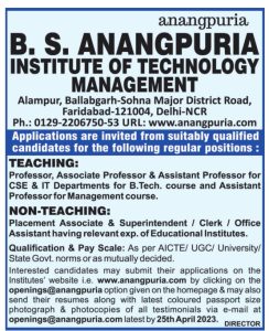 B. S. Anangpuria Institute Of Technology Management, Faridabad Wanted ...