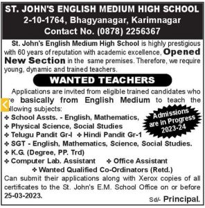 St. Johns English Medium High School, Karimnagar wanted Teaching and ...