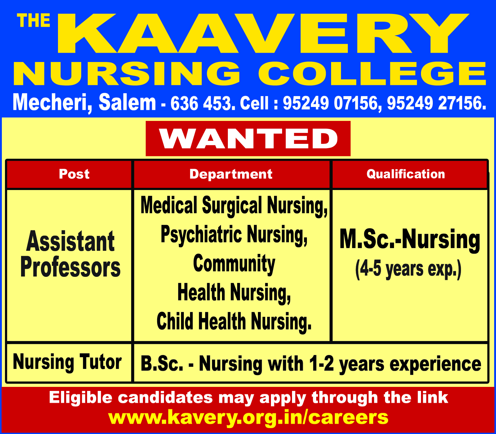 The Kavery Arts And Science College/ Nursing College , Mecheri Wanted ...