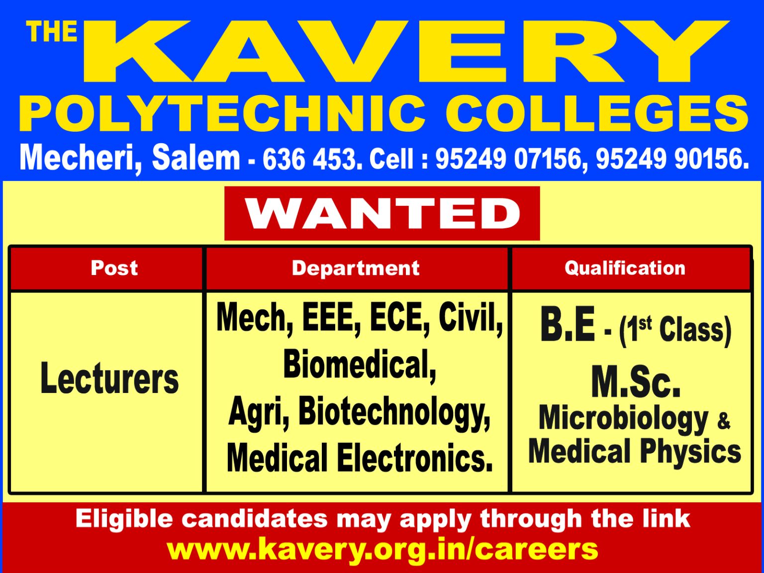 The Kavery Polytechnic Colleges Wanted Lecturers | FacultyPlus