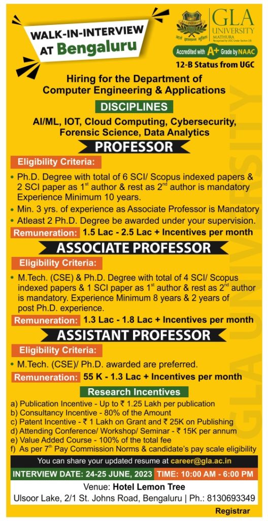 GLA University, Mathura Wanted Professor/Associate Professor/Assistant ...