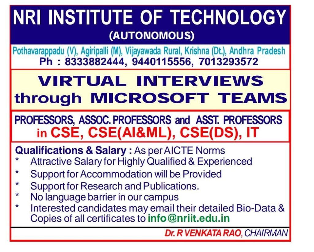 Faculty Recruitment 2023- NRI Institute of Technology, Vijayawada ...