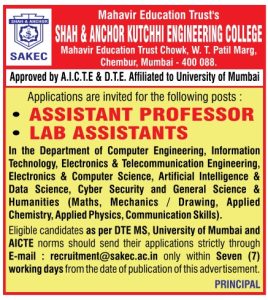 Shah and Anchor Kutchhi Engineering College, Mumbai Wanted Assistant ...