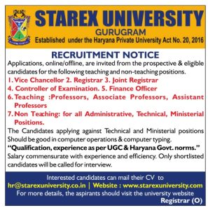 Starex University, Gurugram Wanted Teaching and Non-Teaching Faculty ...