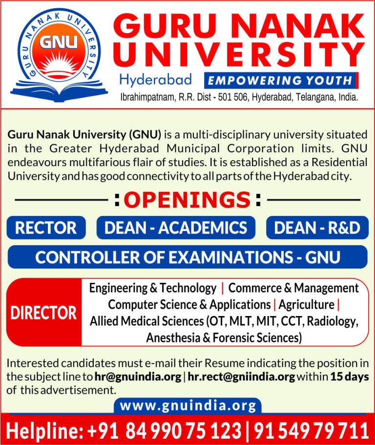 Guru Nanak University, Hyderabad Wanted Rector/Dean/Director/COE ...