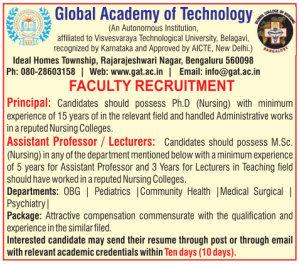 Global Academy Of Technology, Bengaluru Wanted Principal, Assistant 