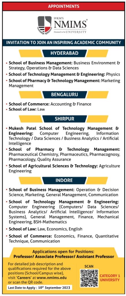 SVKM’s NMIMS Deemed to be University Wanted Professor/ Associate ...