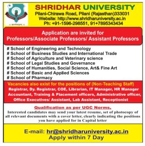 Shridhar University, Pilani Wanted Teaching and Non-Teaching Faculty ...