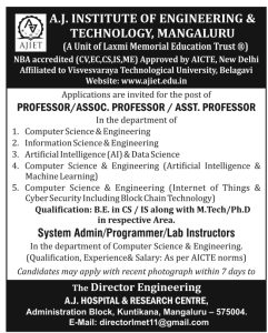 A. J. Institute of Engineering & Technology, Mangaluru Wanted Teaching ...